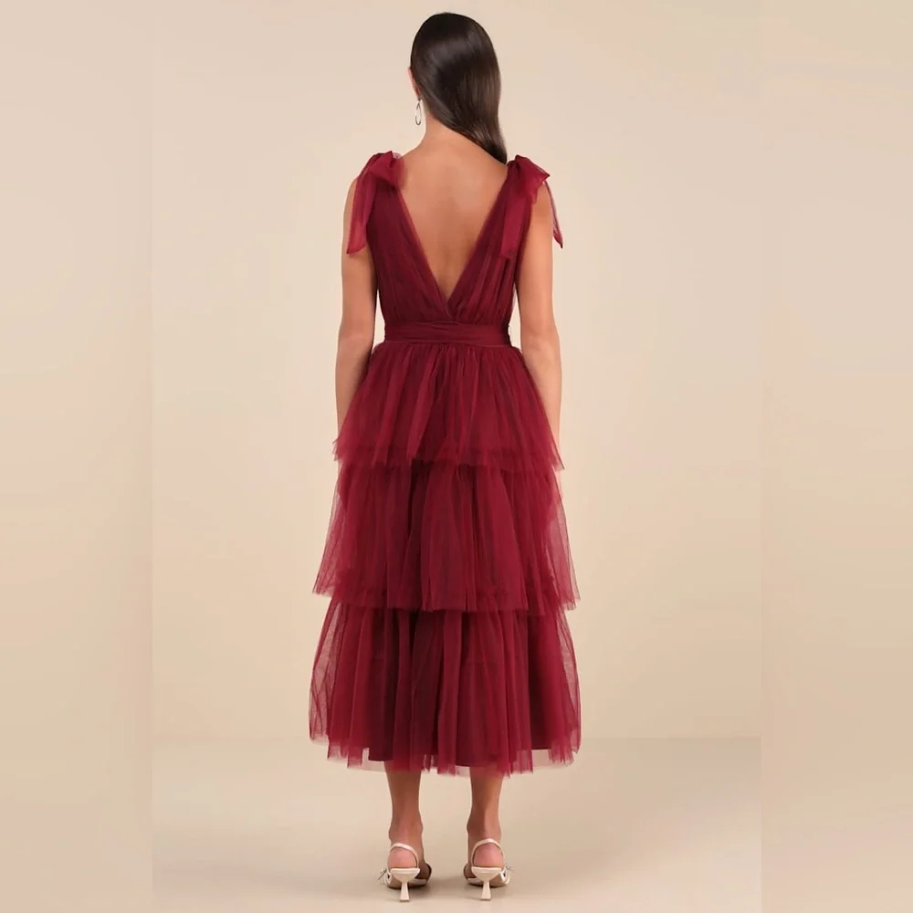 NWOT Lulu’s Flawless Arrival Burgundy Tulle Tiered Maxi Dress M $98 Medium - Picture 3 of 8